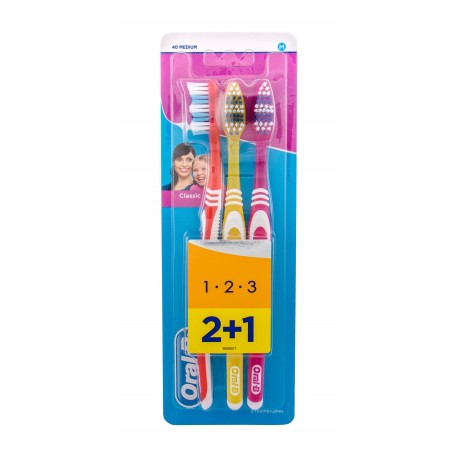 Oral-B Toothbrush, Classic, dantų šepetėlis moterims ir vyrams, 3pc, (Red, Yellow, Pink)