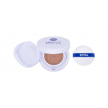 Nivea Hyaluron CELLular Filler, 3in1 Care Cushion, makiažo pagrindas moterims, 15g, (03 Dark)